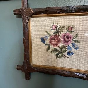 Vintage embroidered floral tramp art, wood carved frame